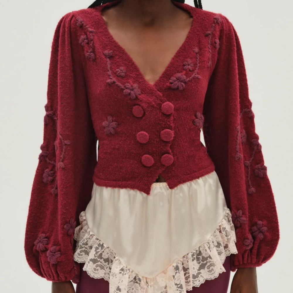 For love and lemons Burgundy Floral Knit cardigan Sweater